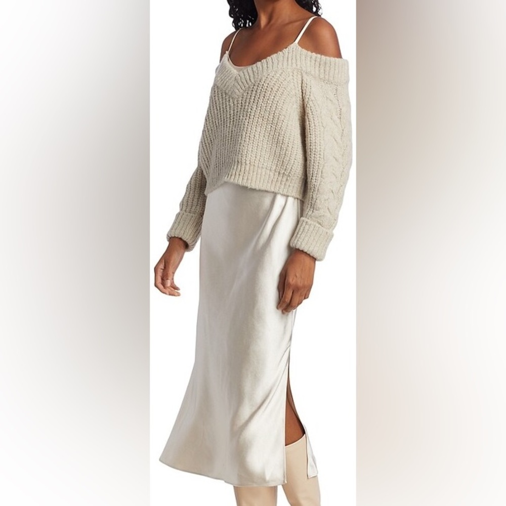 Saks Fifth Avenue Cream Off-Shoulder Knit Sweater with Slip Dress